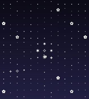 Screenshot of a website that displays a grid of unicode characters twinkling on a background the color of the night sky.