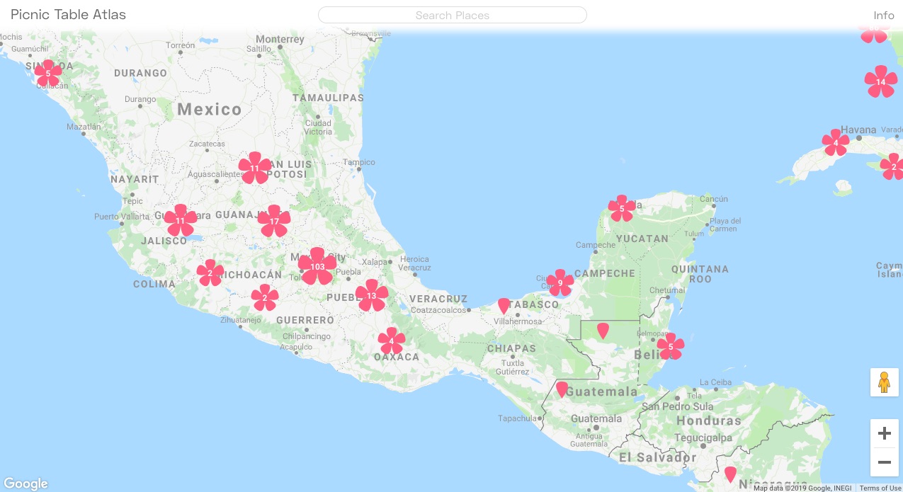 Screenshot of an online map centered on Mexico. The map is covered with pink flower petal shapes and flower shapes with a number in the center.