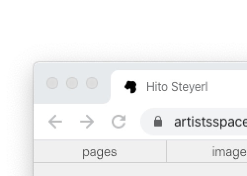 Screenshot of a browser tab on the website artistsspace.org. The favicon is an ink blot generated from the name 'Hito Steyerl.'